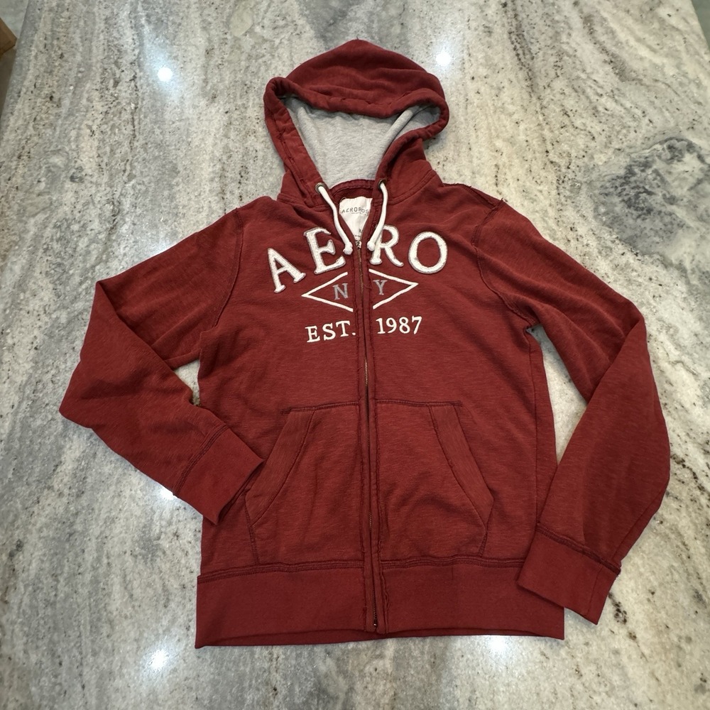 Aeropostale Aero Hoodie Full Zip Red Logo Distressed Y2K Sz Men's Medium Preppy